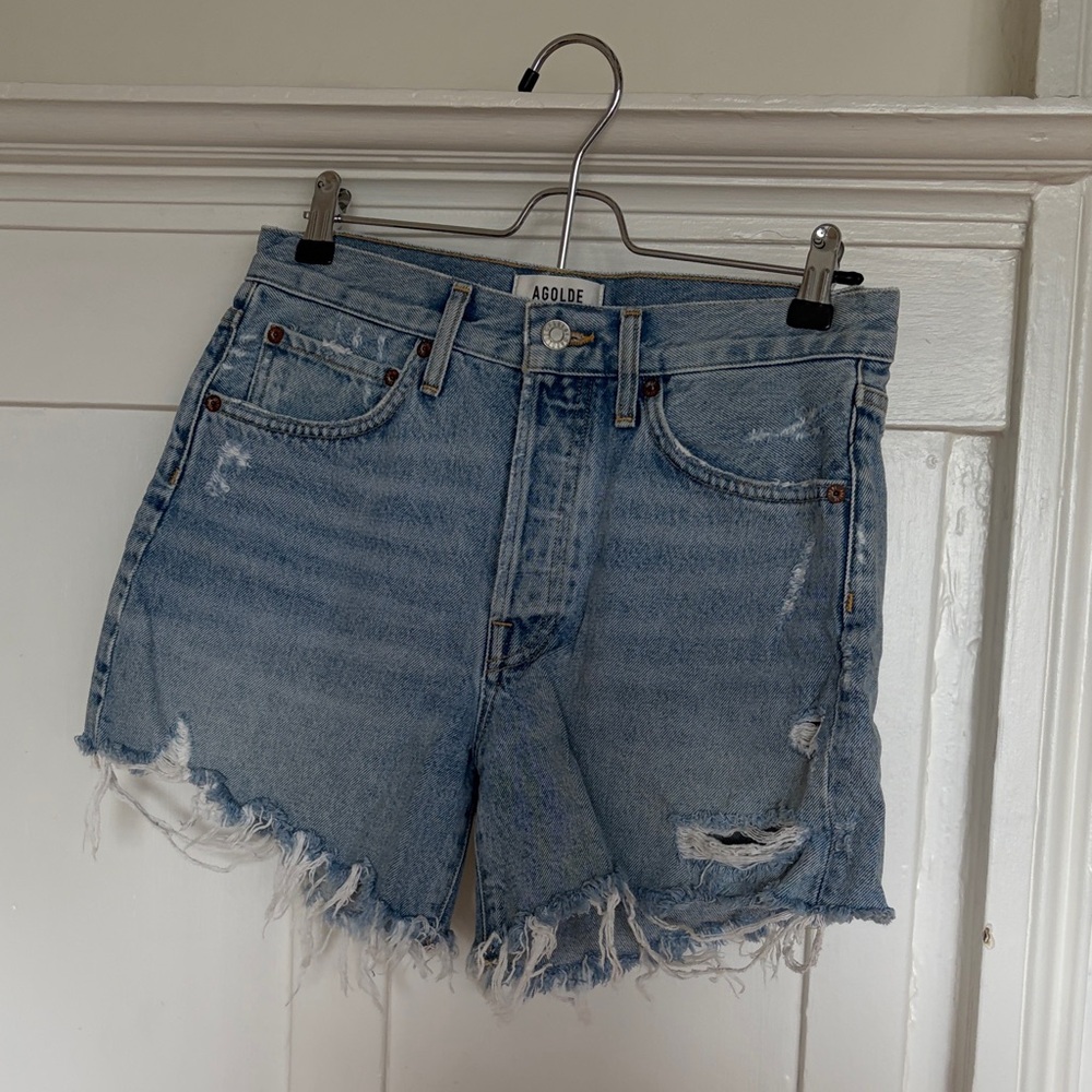 Agolde Light Blue Frayed Hem Distressed Denim Shorts